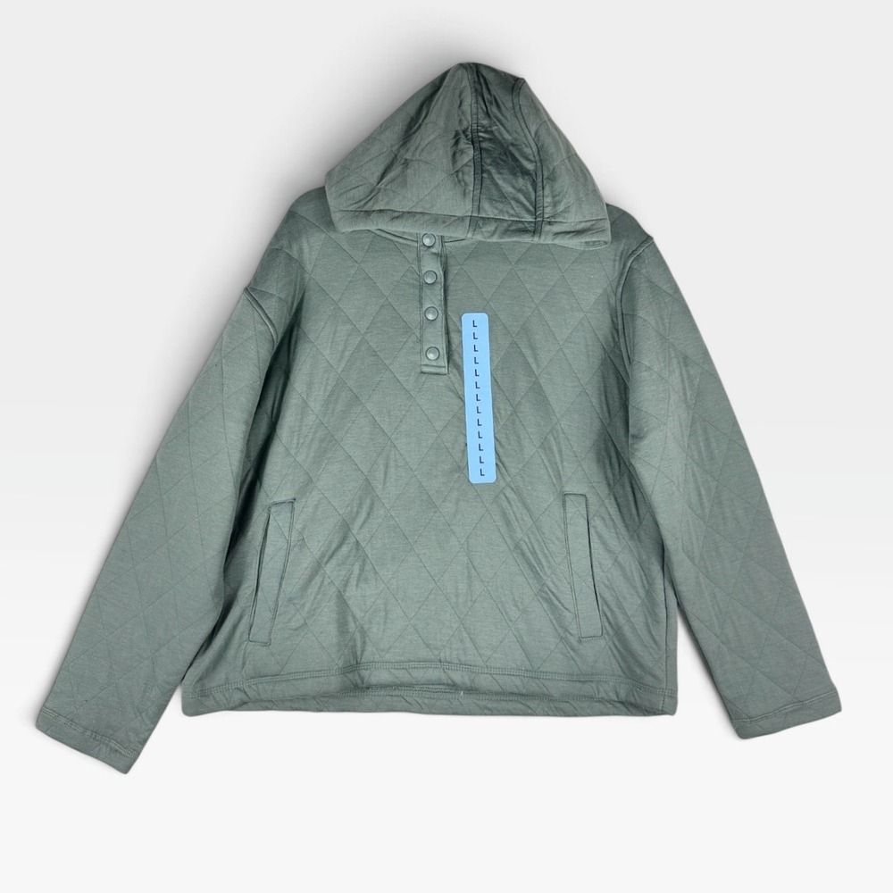 Lands' End Quilted Pullover Hoodie Womens L 12-14 Light Blue Snap Neck New